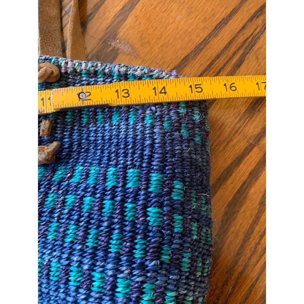 Handwoven Sisal Tote Bag Blue Teal Pattern Leather Straps - Picture 5 of 6